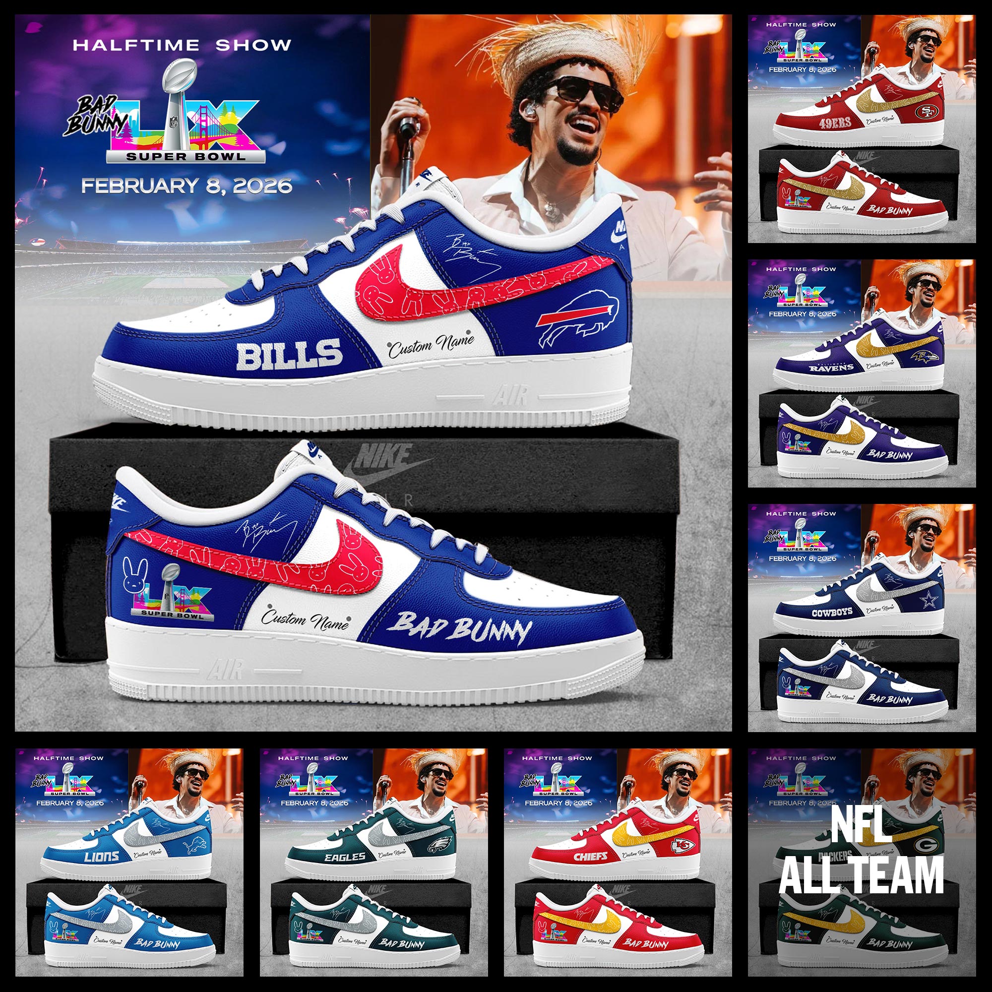 _ NFL x Bad Bunny 2026 Super Bowl LX AF1 Sneakers – All Teams (Custom Name)