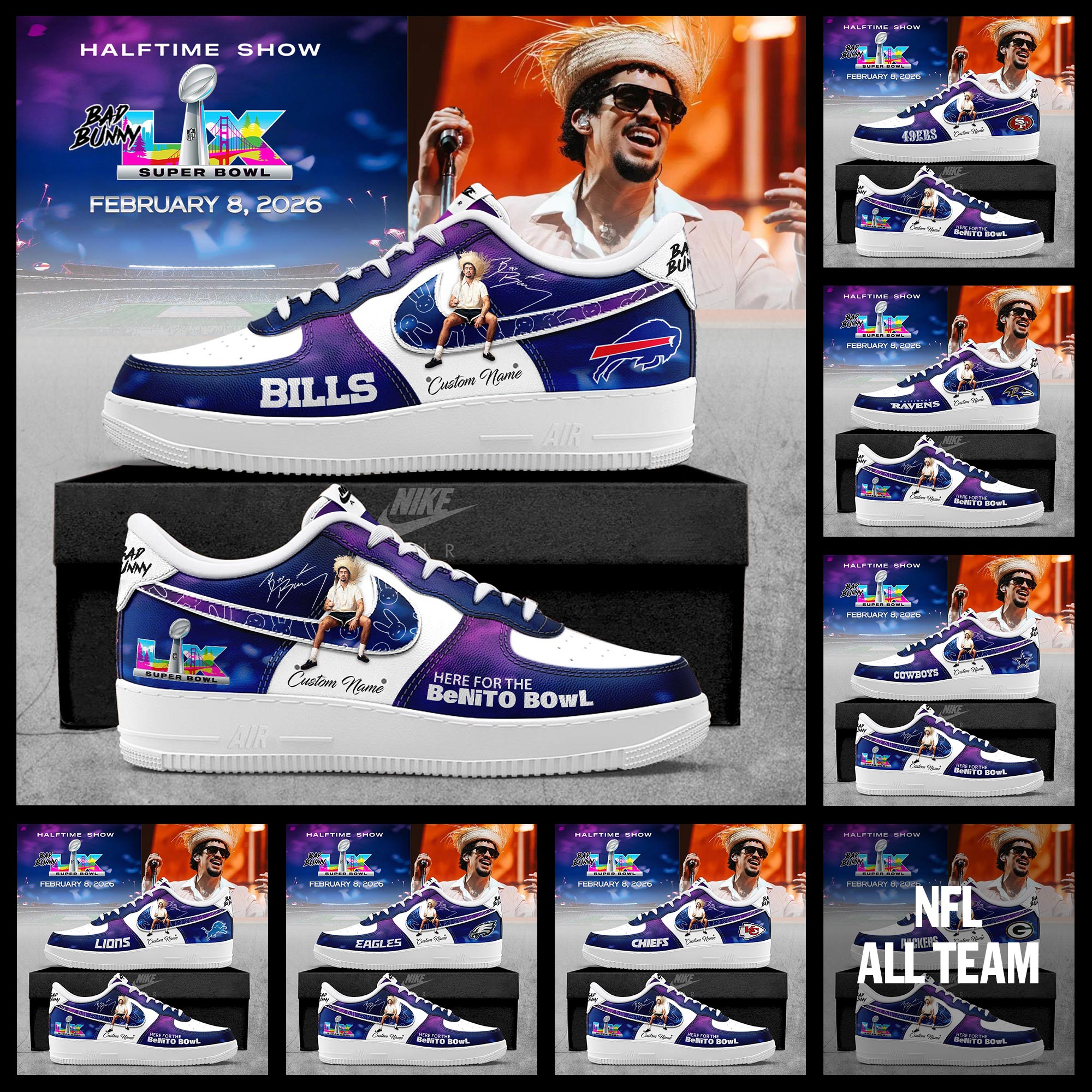 _ NFL x Bad Bunny 2026 Super Bowl LX AF1 Sneakers – All Teams (Custom Name)