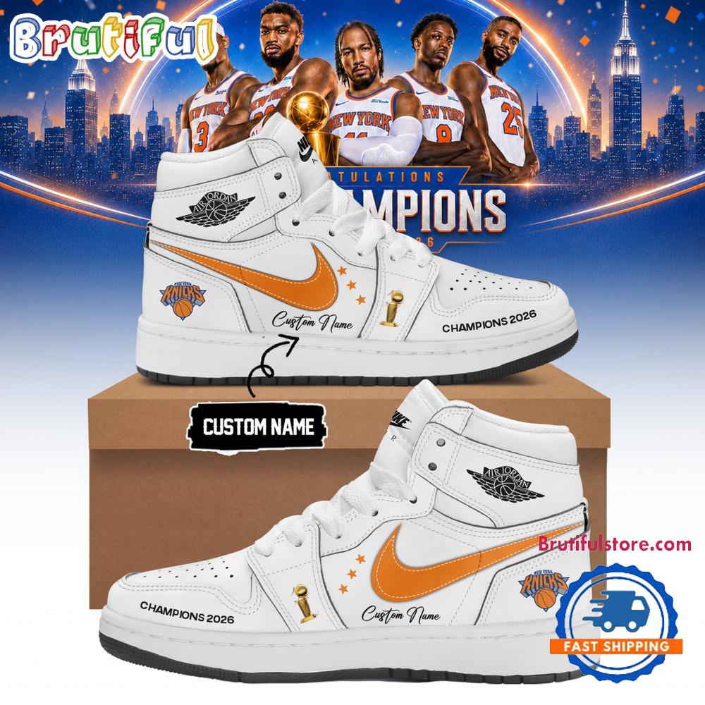 New York Knicks 2026 NBA Finals Champions White Air Jordan 1 Hightop Shoes